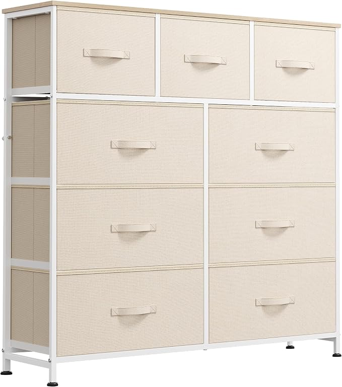 WLIVE 9 Drawer Dresser, Fabric Storage Tower for Bedroom, Hallway, Closet, Tall Chest Organizer Unit for Bedroom with Fabric Bins, Steel Frame, Wood Top, Easy Pull Handle, Cream White by WLIVE