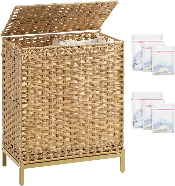 SETVSON Laundry Hamper with Lid, 112 L Handwoven Rattan Wicker Laundry Basket, 2 Removable Liner Bags Metal Heightened Feet, 6 Mesh Bags, 2 Section Large Clothes Hamper for Bathroom Bedroom, Natural by SETVSON