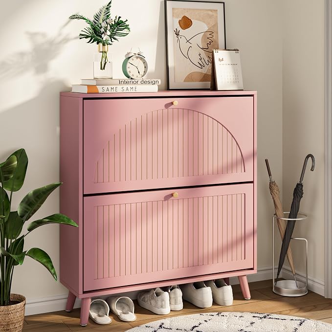 Fsbecl Shoe Storage Cabinet for Entryway with 2 Flip Drawers, Narrow Wood Shoe Cabinet with Fluted Panel, Freestanding Hidden Shoe Organizer for Foyer, Hallway (Pink - with Shelf) by Fsbecl