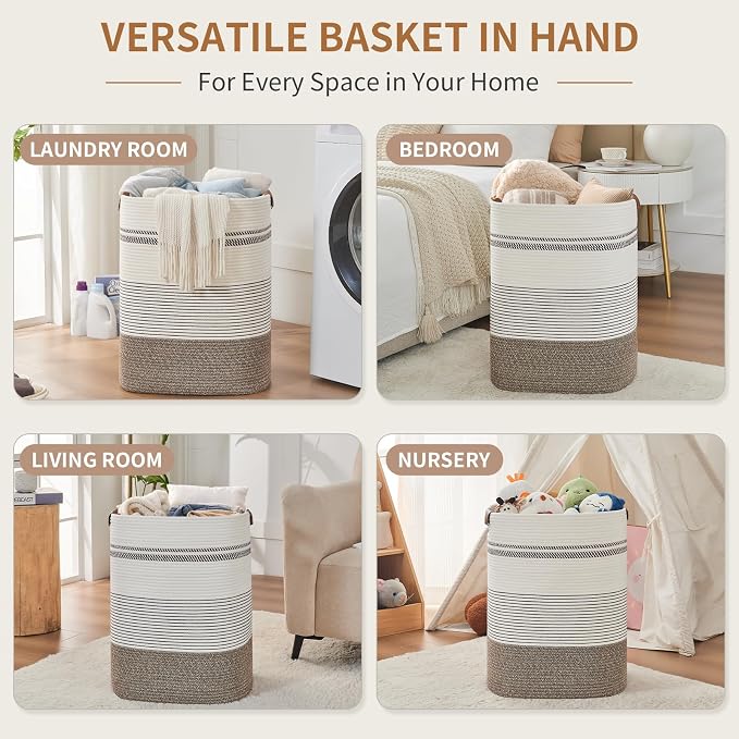AINUOQI Laundry Hamper - Tall Woven Rope Laundry Basket - Clothes hamper with Leather Handles, 17" X 13.8" X 22", Blanket Storage Basket for Living Room, Rice Brown & White - Image 3