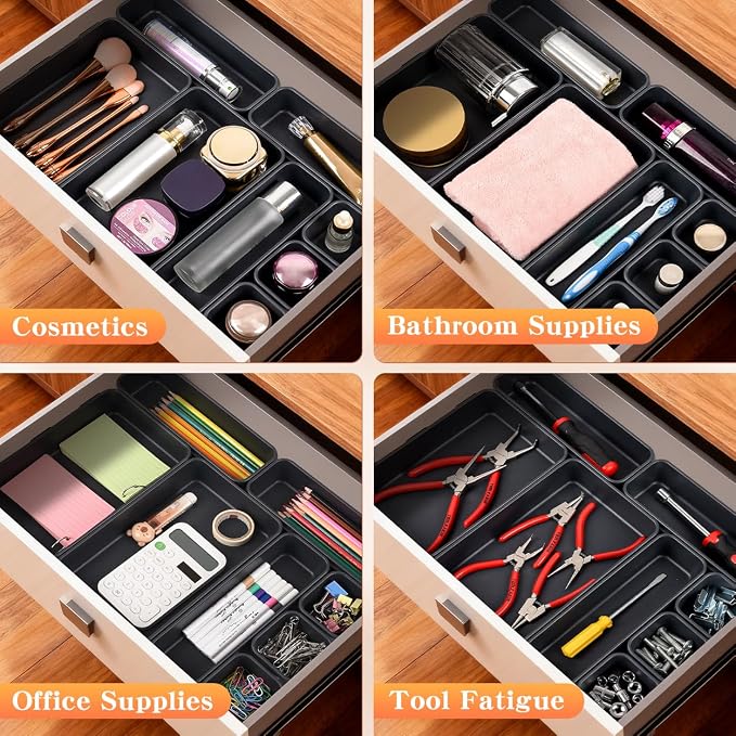 8PCS Plastic Interlocking Drawer Organizer, 3 Sizes Versatile Desk Drawer Organizer Trays, Drawer Dividers, Organization and Storage Bins for Tools, Office, Jewelries, Kitchen Utensils and Makeup - Image 4