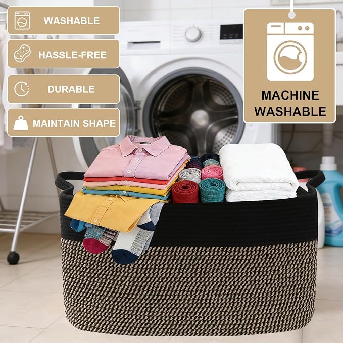 96L Large Blanket Basket,24"x16"x15"Rectangle Storage Bin with Handles,Woven Rope Laundry Basket for Toys, Clothes,Magazines,Home Organization,Nursery,Living Room & Bedroom,Black&Jute - Image 7