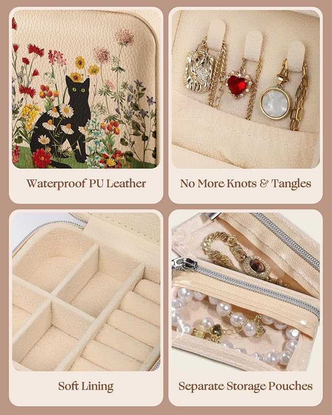 Bistup Travel Jewelry Case - Small Jewelry Organizers and Storage Box for Women Girls Teens Cute Traveling Jewelry Holder with Mirror Little Tiny Compact Modern Unique Aesthetic Pretty, Cat Flower - Image 5