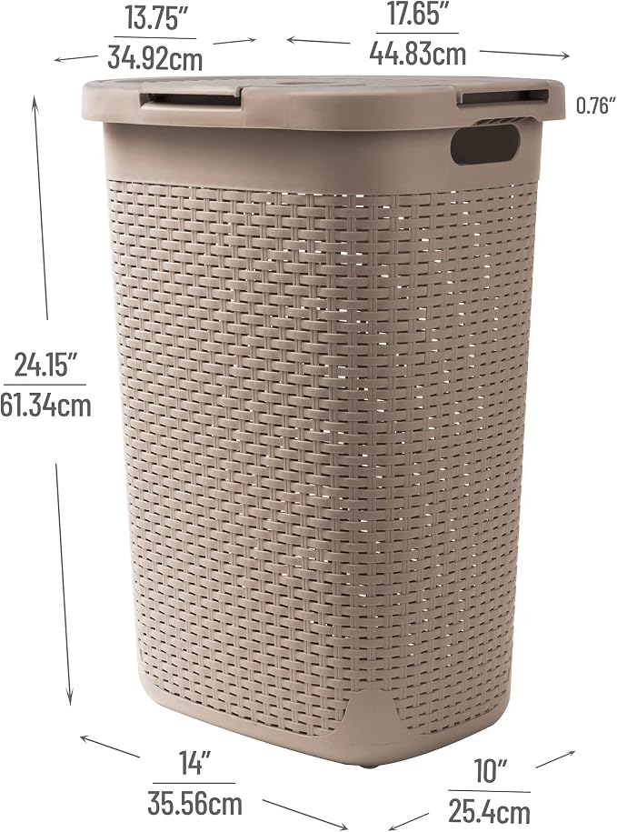 Mind Reader Slim Laundry Hamper with Lid, 60L Tall Clothes Basket, Narrow Tapered Design for Bathrooms, Closets and Laundry Rooms, Plastic, Tan - Image 3