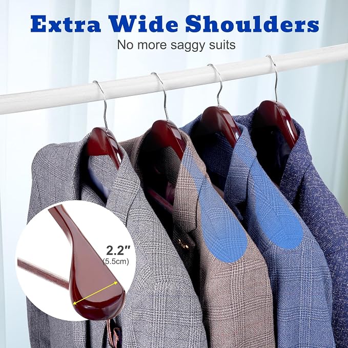 HOUSE DAY Wood Suit Hangers for Men, Wide Shoulder Wooden Hangers with Non Slip Pants Bar, Smooth Retro Finish 360° Swivel Hook Solid Wood Coat Hangers for Heavy Clothes Hanger 6 Pack (Cherry Wood) - Image 3