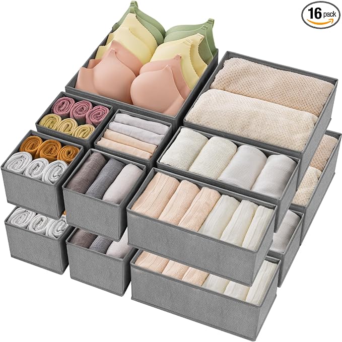 Criusia Drawer Organizer Clothes,16 Pack Underwear Drawer Organizers, Foldable Closet Organizers and Storage Dresser Drawer Dividers Clothing Organizer for Clothes, Socks, Scarves, Bra, Ties (Grey) by Criusia