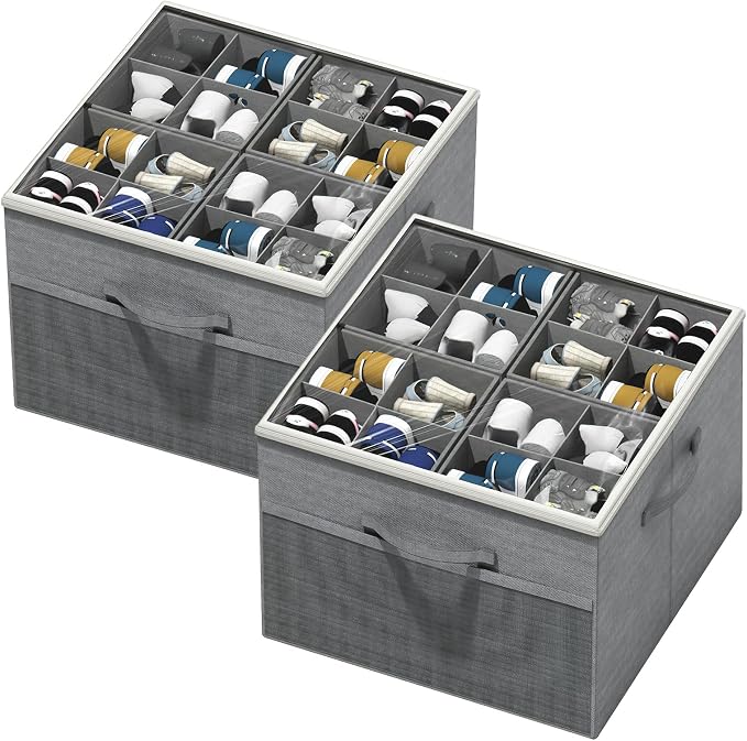 Aokeyee Shoe Organizer for Closet,2 Pack Foldable Shoe Storage Organizer Box Bin with Adjustable Dividers and Clear Cover, Fits up to 16-32 Pairs by Aokeyee