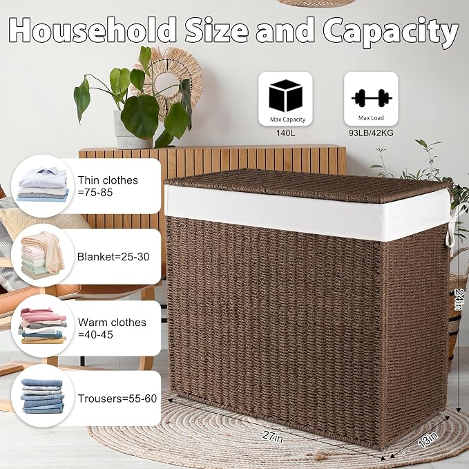 OIAHOMY Large Laundry Hamper with Lid, 35.7 Gal (140L) Wicker Hamper with Removable Liner Bag, Handwoven Clothes Basket with Handles, Foldable Paper Rope Basket for Laundry Room, Bedroom-Brown - Image 2