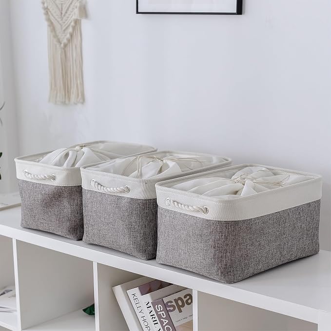 TheWarmHome Storage Baskets for Organizing, X Large - 3 Pack 17.7L×13.8W×9.8H in Foldable Storage Bins for Shelves, Fabric Storage Box for Closet Nursery Toy Gift (White & Grey) - Image 2