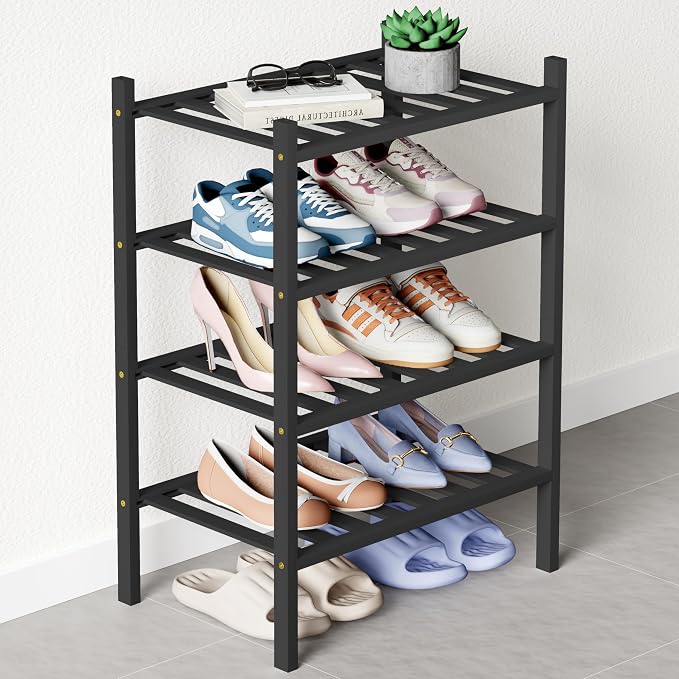 Smiry Bamboo Shoe Rack for Closet, 4 Tier Small Wooden Stackable Shoe Organizer, Free Standing Shoes Storage Shelf for Entryway, Front Door Entrance, Black by Smiry