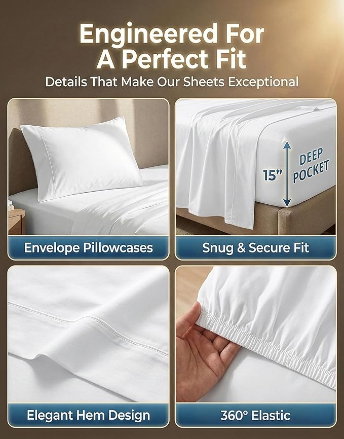 LANE LINEN Twin Sheets Set - 600 Thread Count Premium Sateen Weave for Gentle Feel On Your Skin - 100% Cotton Sheet Set for Hotel Quality Softness - Fits Mattresses Upto 15'' Deep - White