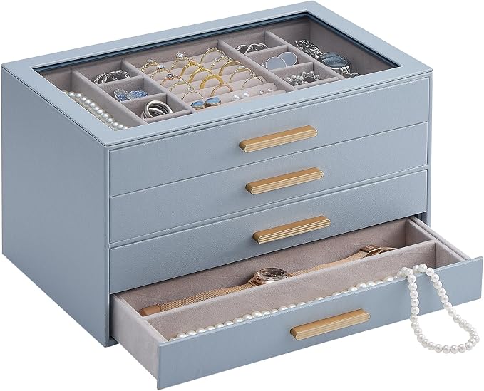 Lolalet Jewelry Box Organizer, 4-Layer Jewelry Organizers and Storage Case with Glass Lid, Ring Earring Bracelet Necklace Holder Organizer, Birthday Valentine Gifts for Women Girls -4Layer, HazeBlue by Lolalet