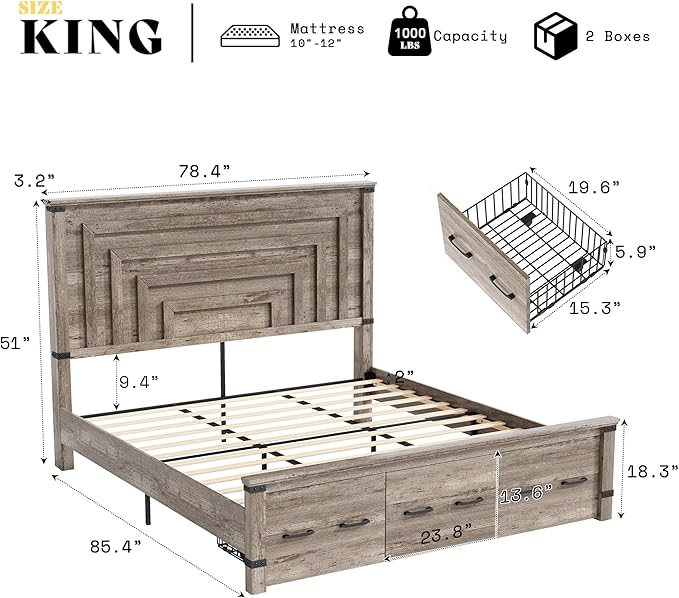 AMERLIFE 5 Pieces Farmhouse Bedroom Set, Includes Rustic King Bed Frame with 51" Tall Headboard, 6 Drawer Dresser, 5 Drawer Tall Chest, Nightstands Set of 2 with Charging Station, Rustic Grey