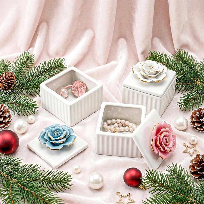 ZOOFOX 3 Pack Vintage Jewelry Box, Small Elegant Embossed Jewelry Holder with Lid and Rose-Shaped Knob, Ceramic Trinket Organizer for Women, Ring, Earrings, Necklace - Image 7