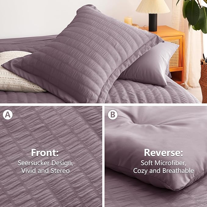 CozyLux Oversized King Comforter Set Dusty Purple Seersucker 7 Pieces 120x98 Bed in a Bag Comforter Set with Sheets, Grayish Purple Bedding Set Down Alternative Comforter, Sheets, Pillowcases & Shams