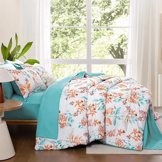 King Comforter Set- 7 Pieces Floral Comforter Bed in A Bag,Coral Botanical Comforter Set with Pillowcases,Soft Microfiber Complete Bedding Sets for All Season