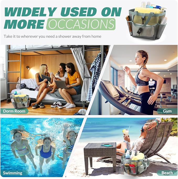 LOYEE Mesh Shower Caddy Portable for College Dorm Room Essentials with 8 Pockets, Shower Bag for Beach, Swimming, Gym, Travel, Bathroom(All gray) - Image 7