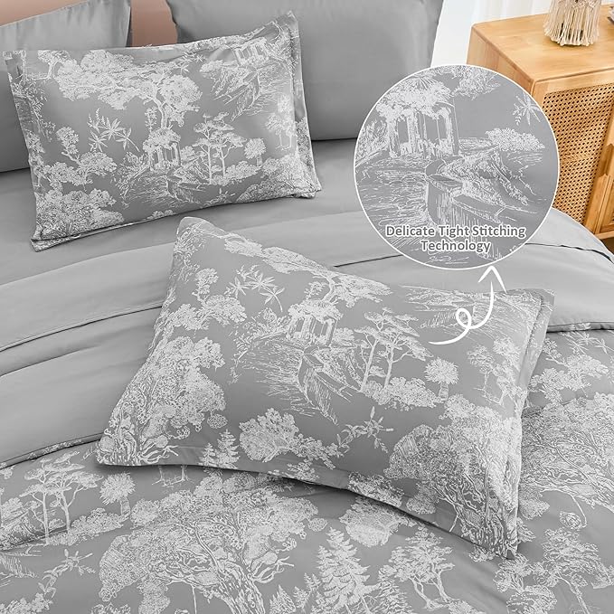 DJY Grey Comforter Set King, 7 Pieces Grey Botanical Comforters King Size Elegant Plants Print with Sheets Bed in a Bag Soft Microfiber Reversible Complete Bedding Sets for All Season