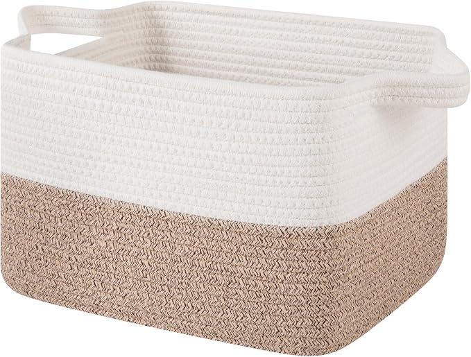 OIAHOMY Woven Storage Basket for Shelves, Rectangle Cotton Rope Baskets for Organizing, 13 x 10 x 9 in, Storage Bins for Dog Toys,Towel,Books,Gift,Brown and White by MasterofSpaceOptimization