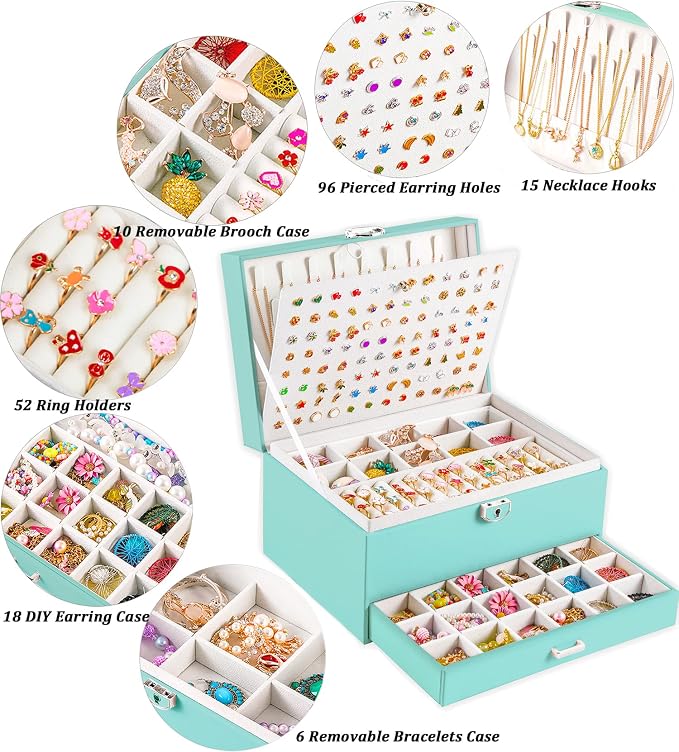QBestry Earrings Jewelry Box for Girls, 5 Layers Jewelry Organizer with Earring Holder Organizer for Girls Earring Organizer Jewelry Boxes for Women Earrings and Necklaces Jewelry Box Organizer Teal - Image 2