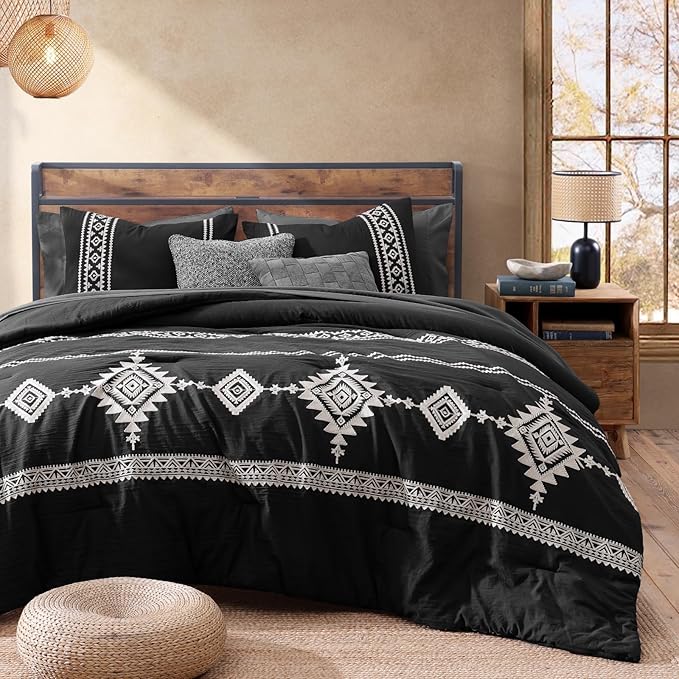 MaiRêve Embroidery Comforter Set, Boho Farmhouse Western Bedding Set, All Season Bed in A Bag Comforter Set with Sheets, Pillowcases & Shams, Black Full 7 Pieces