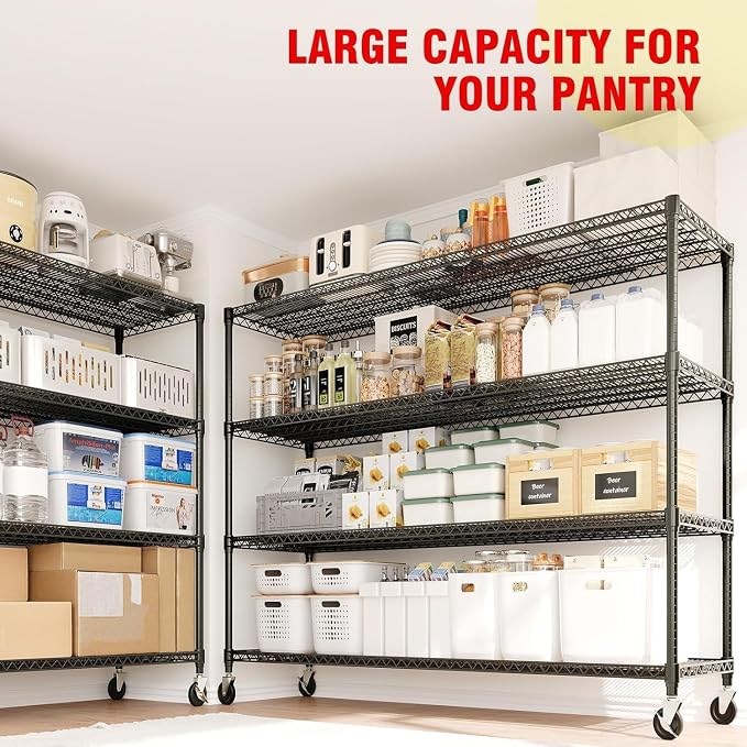 4-Tiers Storage Shelves 59" W Heavy Duty Garage Shelving Units with Adjustable Shelf and Wheels, 2640LBS Capactiy Wire Shelving Rack for Garage Pantry Kitchen Industrial - Image 8