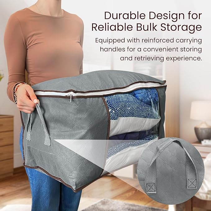 Reli. 60L Clothes Storage Bags (3 Pack) Closet Organizers and Storage Containers | Foldable Bins with Lids & Handles | Large Bags for Towels, Toys, Comforters, Blankets | Grey
