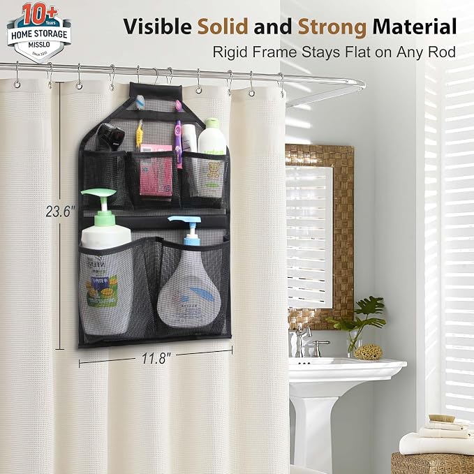 MISSLO Bathroom Shower Organizer Mesh Hanging Shower Caddy with Rotatable Hanger (Black) - Image 2