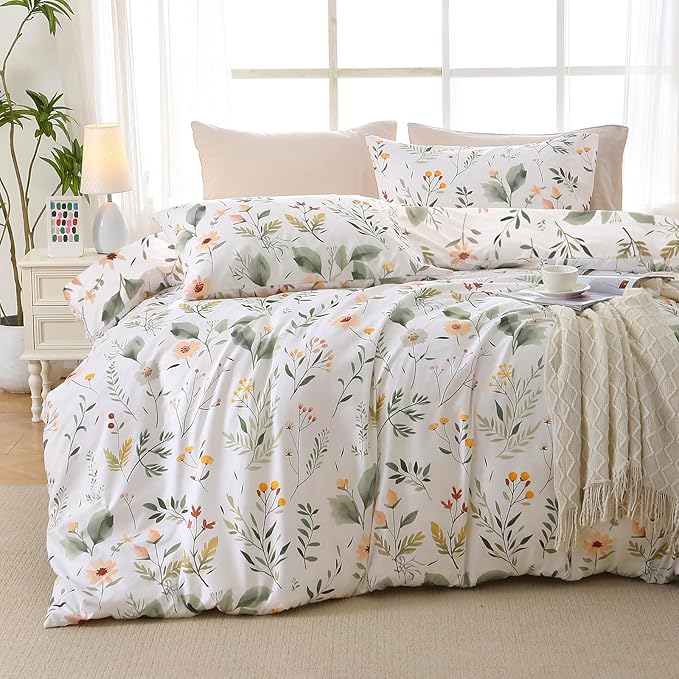 MUXHOMO Garden Leaves Bed in a Bag Queen 7 Pieces, Queen Comforter Set Reversible Botanical Flowers Design, Ultra Soft & Breathable Bedding Sets with Comforter, Sheets, Pillowcases & Shams