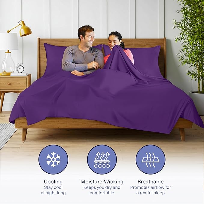 Kickoff Viscose Bamboo Sheets Twin Size 3-pc 100% Organic Bamboo Viscose Bed Cooling Sheets Twin Size Set Cool Bedding for hot Sleepers Sheet, Flat, Fitted, Pillowcase (Purple, T)