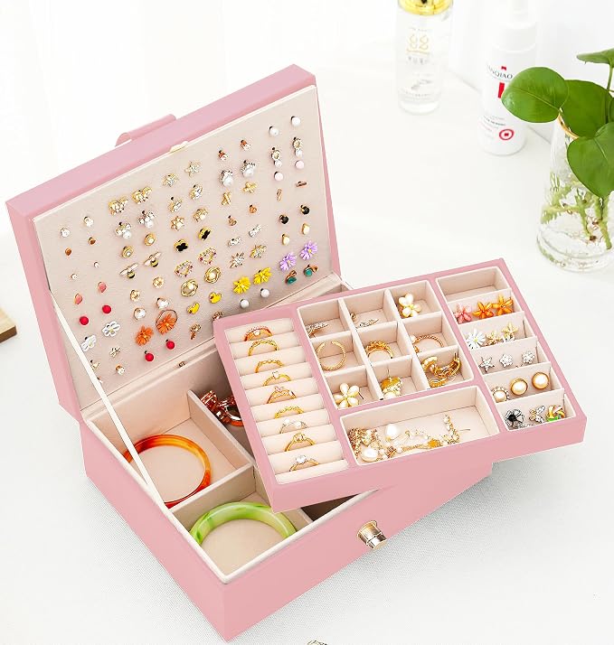 QBestry Girls Jewelry Box Earring Holder Organizer for Girls Earring Organizer Teen Jewelry Box Organizer for Girl Pink jewelry Boxes for Earrings Necklaces Rings Stud Earrings Box Organizers Teens - Image 9