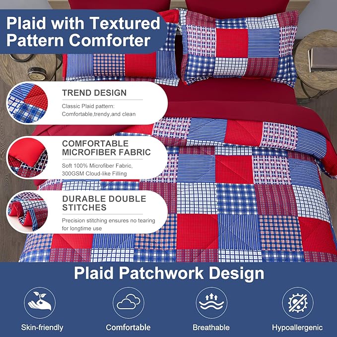 Comforter Set Queen Size Plaid Patchwork Comforter Bedding-7 Piece Bed in a Bag,Soft Reversible Microfiber Bedding Set(1 Comforter,1 Flat Sheet,1 Fitted Sheet,2 Pillowcases,2 Pillow Shams)Red Blue