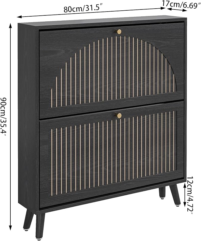 Fsbecl Shoe Storage Cabinet for Entryway with 2 Flip Drawers, Narrow Wood Shoe Cabinet with Fluted Panel, Freestanding Hidden Shoe Organizer for Foyer, Hallway (Black - No Shelf) - Image 2