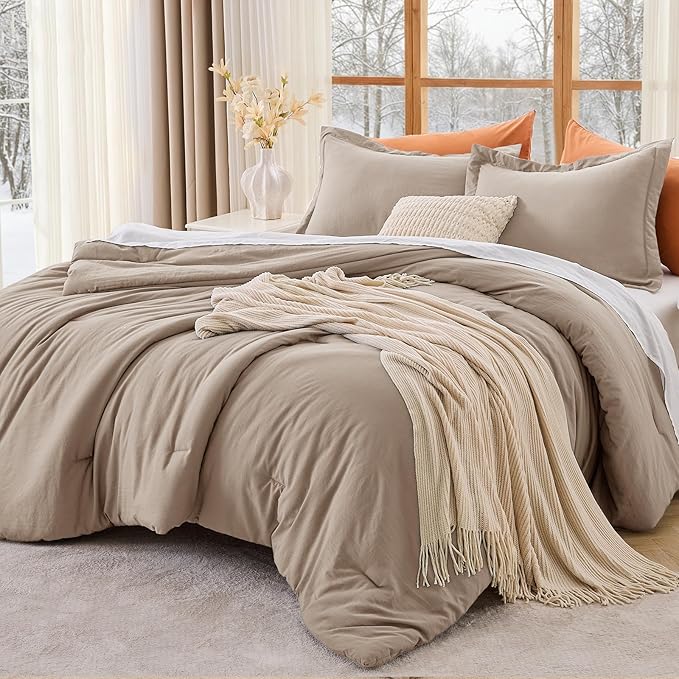 MUXHOMO Queen Comforter Set, All Season Ultra Soft Down Alternative Bedding - 3 Piece Lightweight Bed Set Includes 1 Comforter (90"x90") and 2 Pillow Shams (20"x26"), Dark Linen
