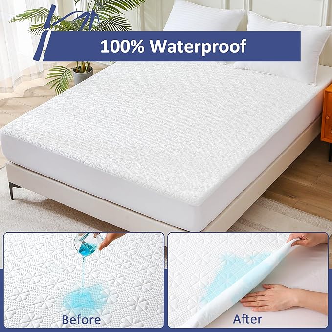 Bamboo Viscose Queen Size Waterproof Mattress Protector, Cooling Mattress Pad Cover for Queen Size Bed, Super Soft Queen Size Mattress Cover for 6-18 inches Mattress, White