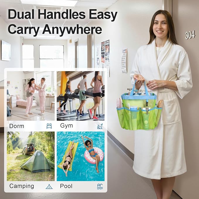 F-color Mesh Shower Caddy Portable, Upgrade Deeper 7 Pockets Shower Bag Basket Bag Tote for College Dorm Room Toiletry Bathroom Essentials Gym Camp Quick Dry 2 handles with S Hook - Image 6