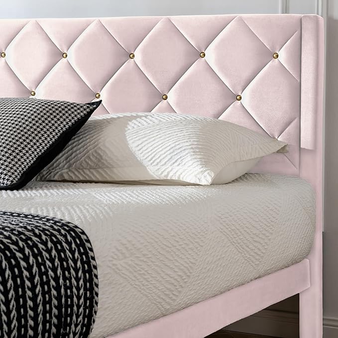 Full Bed Frame with Headboard, Bed Frame Full Size with Sturdy Wooden Slats Support, Platform Frame with Velvet Upholstered Headboard, Mattress Foundation, Easy Assembly, No Box Spring Needed Pink