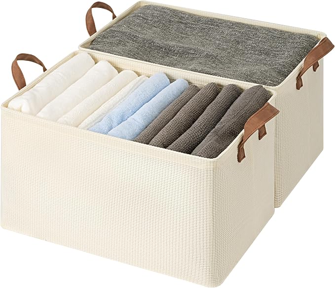 StorageWorks Storage Bins, Shelves Baskets for Organizing, 45L Extra Large Fabric Closet Organizers with Handles, Metal Frame, Beige-Texture, 2-Pack by StorageWorks