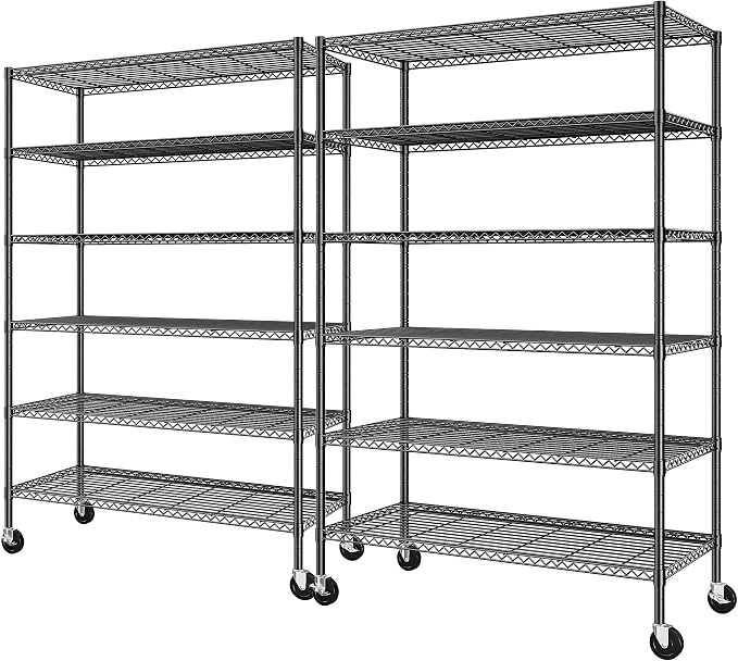 Romorgniz 82" H X45 W X18 D Storage Shelves with Wheels, 6 Tier Wire Shelving Adjustable Metal Shelving Pantry Shelves Capacity 1200LBS for Garage Shelving, Pantry, Kitchen, Closet, Black,2P by Romorgniz