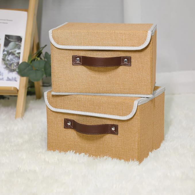 ANMINY 2PCS Storage Bins with Lid PU Leather Handles Storage Boxes PP Plastic Board Decorative Foldable Lidded Cotton Linen Fabric Home Cubes Baskets Closet Organizer Containers - Khaki, Small Size - Image 6