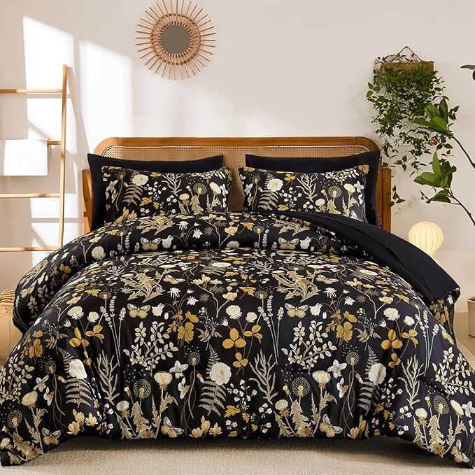 Yiran King Size Comforter Set, 7 Pieces Black Floral Soft Bedding Sets, King Bed in a Bag Brown Botanical Flowers Winter Comforter, Sheets, Pillowcases & Shams