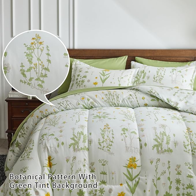 Joyreap 6 Piece Bed in a Bag Twin, Green Leaves Yellow Flower Botanical Design, Smooth Soft Microfiber Comforter Set (1 Comforter, 2 Pillow Shams, 1 Flat Sheet, 1 Fitted Sheet, 1 Pillowcase)