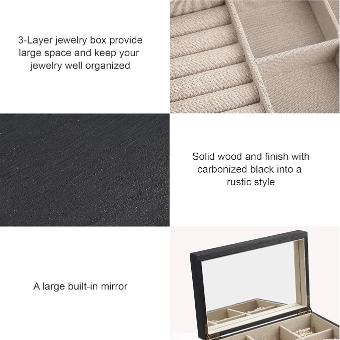 Meangood Jewelry Box Organizer for Women, 3 Layer Large Jewelry Storage Case, Rustic Wooden Jewelry Box with Mirror & Ring Tray for Necklace Earring Bracelets Rings, Vintage Style (Black) - Image 5