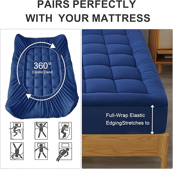 Quilted Mattress Pad Pillow Top Mattress Cover Protector Cooling Soft for Breathable Padded Deep Pocket 8-21 Fitted Supportive(Blue,Full Size)