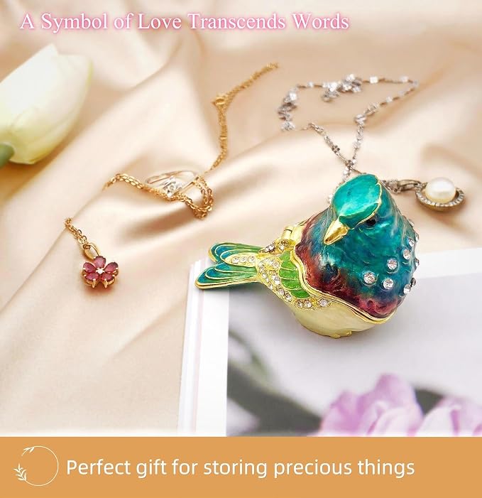 Turquoise Green Bird Trinket Boxes Hinged,Bird Decor with Crystals Enamel Jewelry Box.Necklace Ring Box Earrings Storage.Collectible Birds Lover Gifts Figurines Home Decor - Image 3