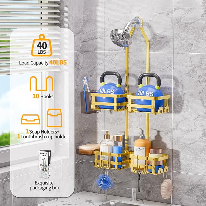 GAOKASE Aluminum Shower Caddy Hanging, Never Rust Shower Organizer- 4 Levels with adjustable Height 10 Hooks for Razor/Sponge - Rack with Soap Basket (Gold) - Image 4