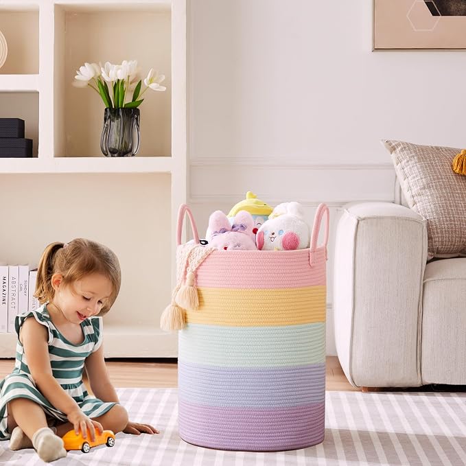 60L Laundry Hamper Basket for Baby Girls and Kids, Pastel Rainbow Unicorn Design, Woven Rope Nursery Basket for Blankets Toys in Playroom, 15Dx20H Inches Large Bedroom Hamper for Clothes - Image 2