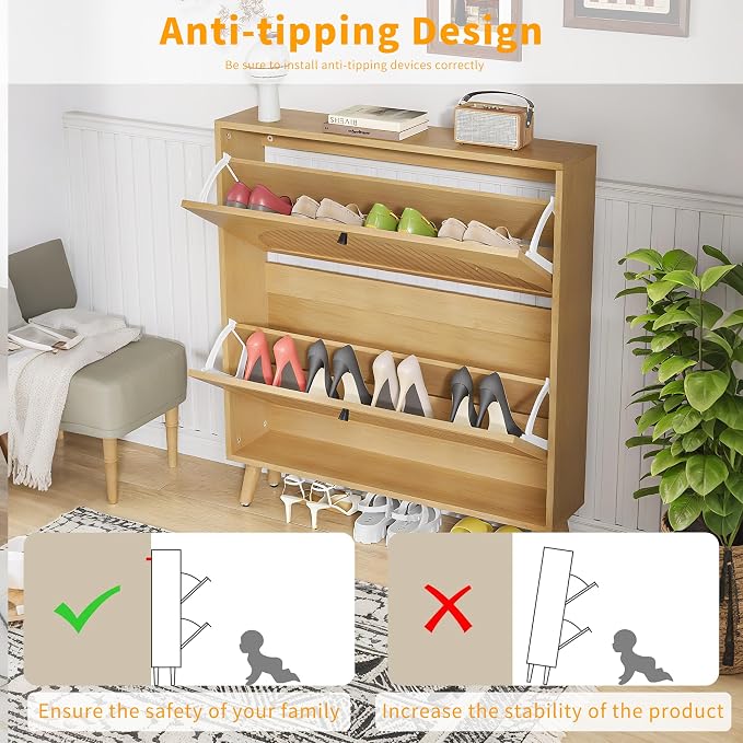 Fsbecl Shoe Storage Cabinet for Entryway with 2 Flip Drawers, Narrow Wood Shoe Cabinet with Fluted Panel, Freestanding Hidden Shoe Organizer for Foyer, Hallway (Wood Color - No Shelf) - Image 9