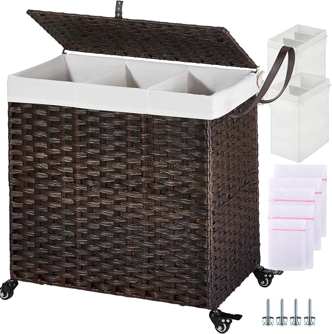 GREENSTELL Laundry Hamper with Wheels&Lid, 130L Large 3 Sections Clothes Hamper with 2 Types Removable Liner Bags, 5 Mesh Laundry Bags, Handwoven Divided Laundry Basket Brown by Greenstell