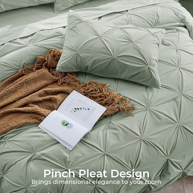 Sasttie California King Comforter Set, 7-Piece Bed in a Bag, Pintuck Bedding Sets for All Season, Includes Comforter, Flat Sheet, Fitted Sheet, Pillowcases and Pillowshams, Dusty Green